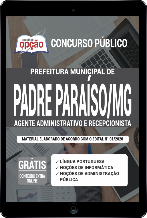 Apostila Prefeitura  Padre Paraíso MG em PDF Agente Admin/Recepcionista