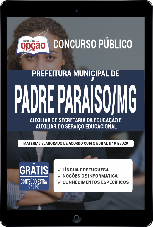 Apostila Prefeitura  Padre Paraíso MG PDF Auxiliar de Secretaria da Educação