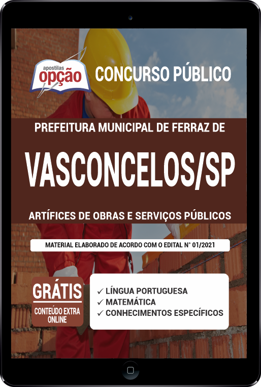 Apostila Prefeitura  Ferraz de Vasconcelos - SP PDF - Artífice de Obras 2021