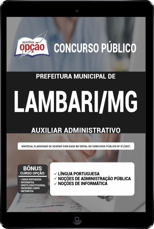 Apostila Prefeitura  de Lambari - MG PDF - Auxiliar Administrativo 2021