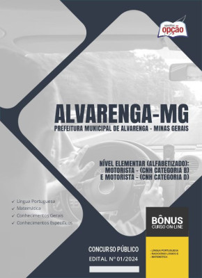 Apostila Prefeitura de Alvarenga - MG em PDF - Nível Elementar (Alfabetizado): Motorista 2024