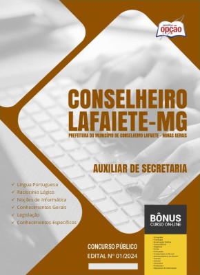 Apostila Prefeitura de Conselheiro Lafaiete - MG em PDF - Auxiliar de Secretaria 2024