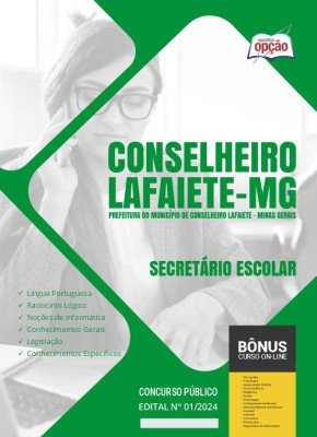 Apostila Prefeitura de Conselheiro Lafaiete - MG em PDF - Secretário Escolar 2024