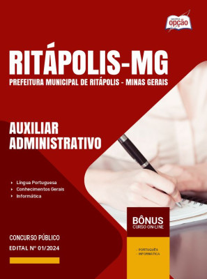 Apostila Prefeitura de Ritápolis - MG 2024 - Auxiliar Administrativo, Auxiliar de Biblioteca, Auxiliar de Secretaria Escolar, Educador Social e Recepcionista